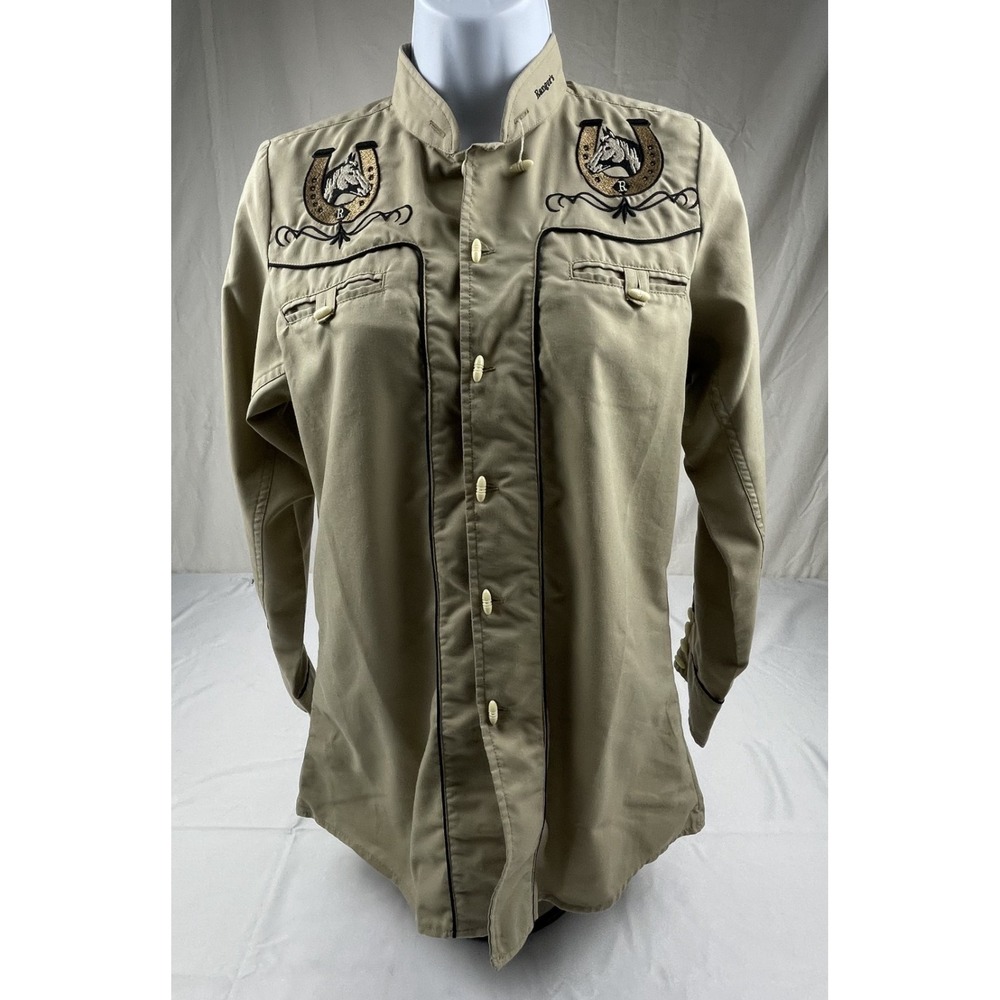 RANGERS ORIGINAL WESTERN SHIRT YOUTH SIZE 24 KHAKI HORSE EMBROIDERED SNAP FRONT